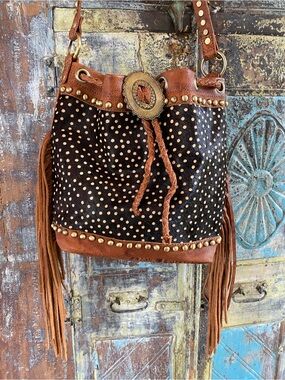 American Darling Black and Brown Leather Fringe Studded Shoulder Bag